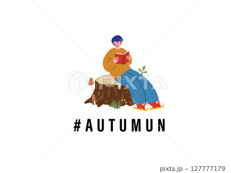 丸太に座って本を読む男の子 127777179