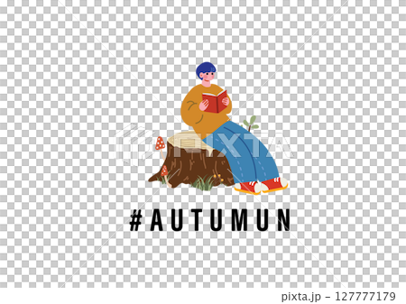 丸太に座って本を読む男の子 127777179