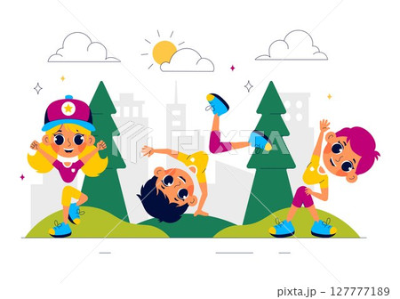 Kids Exercise Vector Illustration Featuring Various Types of Healthy Exercise Movements to Maintain Health and Fitness in a Flat Style Background 127777189