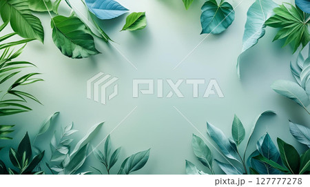 green leaves frame on pastel blue background 127777278