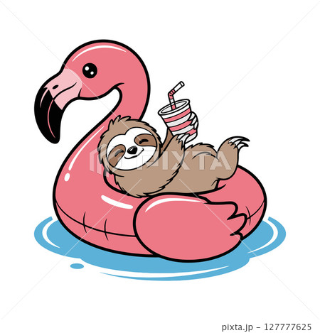 Sloth Relaxing on Flamingo Float Illustration Sloth Relaxing on Flamingo Float Illustration 127777625
