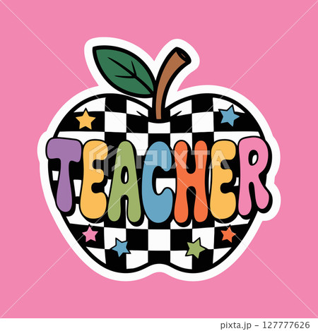 Colorful Teacher Text Inside Checkered Apple Illustration on Pink Background 127777626