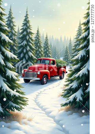 Vintage red truck in snowy pine forest - perfect for winter and christmas themes. AI generation 127777730
