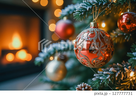 Christmas ornament on festive tree with fireplace in cozy setting. AI generation 127777731