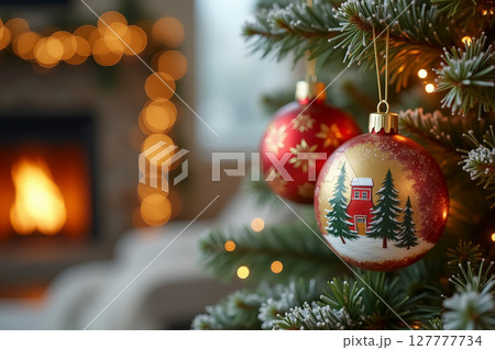 Festive christmas ornament on tree with warm fireplace ambiance. AI generation 127777734