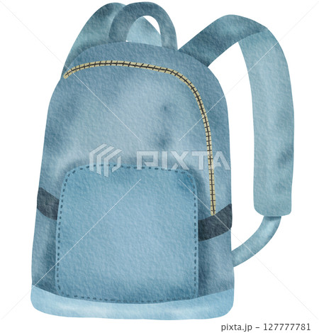 A watercolor illustration of a blue backpack with a front pocket and zipper detail. Ideal for school, travel, or back-to-school themed designs and educational materials. 127777781