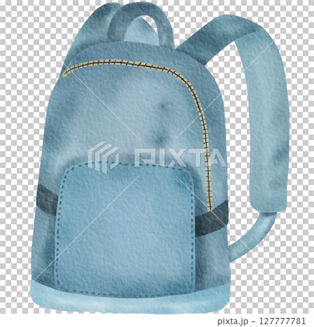 A watercolor illustration of a blue backpack with a front pocket and zipper detail. Ideal for school, travel, or back-to-school themed designs and educational materials. 127777781
