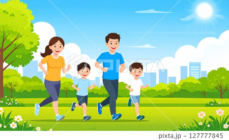 親子でランニングする日本人家族のイラスト 127777845