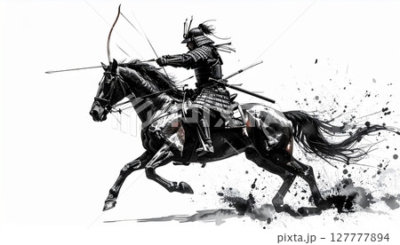 馬上で弓を構える甲冑侍の墨絵 127777894