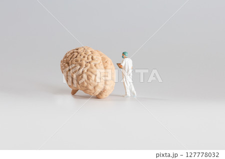 脳の模型と診察をするミニチュアの医師 127778032
