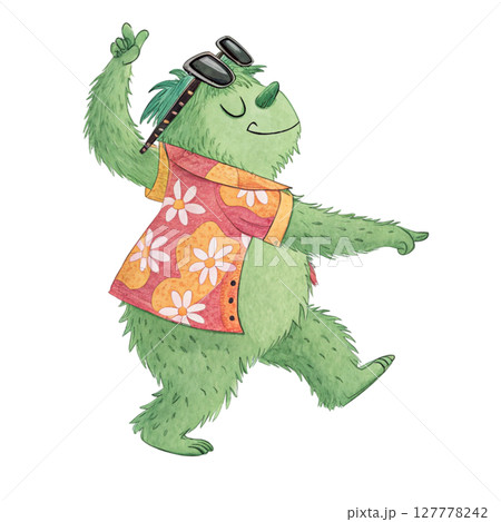 monster cartoon Wearing Hawaii clothes and wearing  Clipart Watercolor 127778242