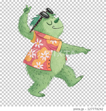 monster cartoon Wearing Hawaii clothes and wearing  Clipart Watercolor 127778242
