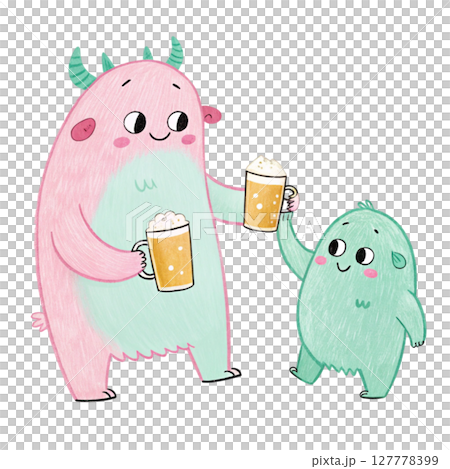 monster family  cartoon Holding a glass of beer Clipart Watercolor 127778399