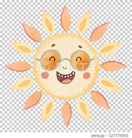 Sun wearing glasses smiling Clipart Watercolor 127778501