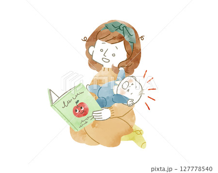 育児にへとへとになる母親と元気な赤ちゃん-水彩 127778540