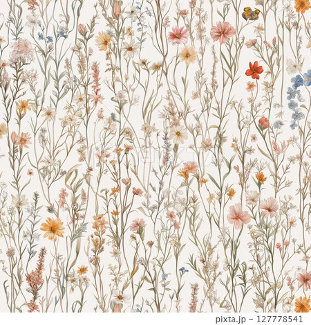 Delicate pastel floral pattern with butterflies in intricate hand-drawn style 127778541