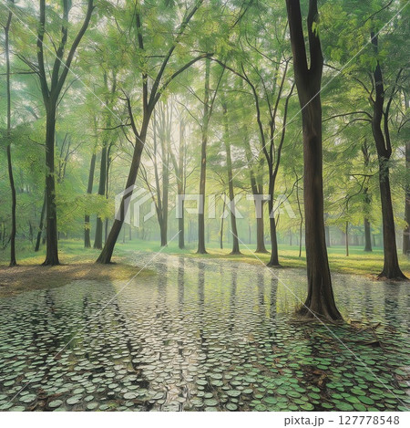Serenity in a tranquil forest with lush greenery and reflective water at dawn 127778548