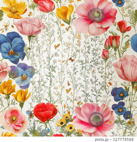 Delicate pastel floral pattern featuring butterflies and wildflowers on a light background 127778588