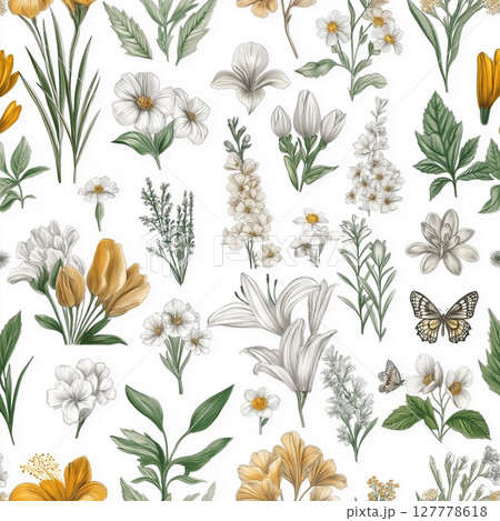Delicate pastel floral pattern featuring butterflies and a variety of wildflowers 127778618