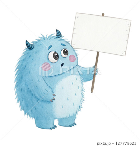 monster cartoon Holding a white sign Blank white Clipart Watercolor 127778623