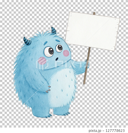 monster cartoon Holding a white sign Blank white Clipart Watercolor 127778623