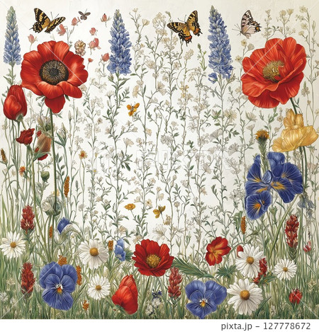 Delicate pastel floral pattern with butterflies on an off-white background 127778672