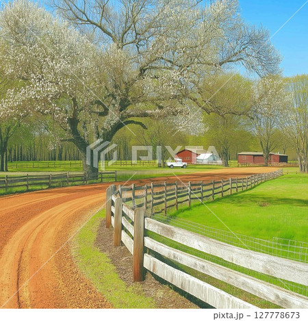 Expansive rural driveways and vintage vehicles on an American Easter celebration day 127778673