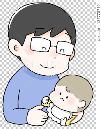 Illustration of a father holding a baby and smiling Talking to a baby Communication with a baby Baby care 127778759