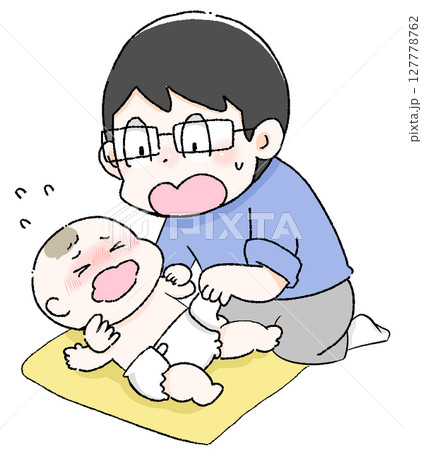 赤ちゃんのおむつ替えをするパパが焦っているイラスト 子育て イクメン 新生児のお世話 スキンケア 赤ちゃんのおむつ替えをするパパが焦っているイラスト 子育て イクメン 新生児のお世話 スキンケア 127778762