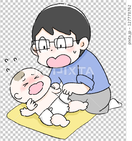 赤ちゃんのおむつ替えをするパパが焦っているイラスト 子育て イクメン 新生児のお世話 スキンケア 赤ちゃんのおむつ替えをするパパが焦っているイラスト 子育て イクメン 新生児のお世話 スキンケア 127778762