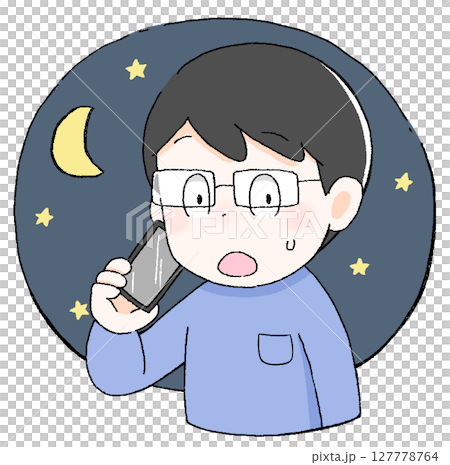 Illustration of a man making a phone call in a hurry at night Emergency Fever Baby care Nursing Father in a hurry 127778764