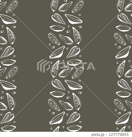 Stylish cardamom pattern with white linear drawing on dark background for packaging textile and modern culinary branding 127778855