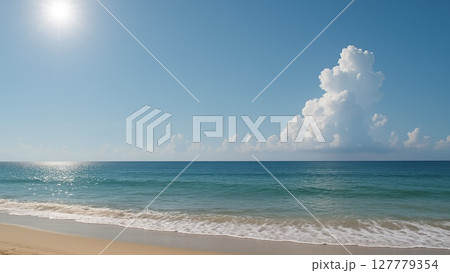 太陽が照りつけ入道雲がわく真夏の海水浴場(16:9横長バナー) 127779354