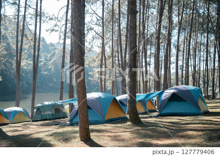 Concept camping blur background mountain cloud sky enhances nature outdoor tourism comes close up orange blue tent peaceful pine forest scenic woodland vacation Sunlight tree fog cold winter morning 127779406