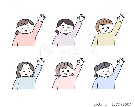 ゆるかわいい手描き風の女性／挙手・手をあげるポーズ 127779504