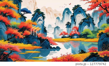 色彩あふれる幻想の山水風景(中国風アート背景) 色彩あふれる幻想の山水風景(中国風アート背景) 127779742
