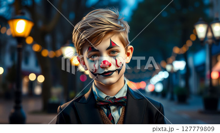 Boy in Clown Makeup on Halloween Night. AI generation 127779809