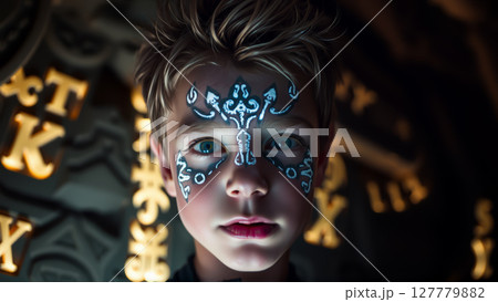 Boy with intricate glowing face paint in front of ancient letters. AI generation Boy with intricate glowing face paint in front of ancient letters. AI generation 127779882