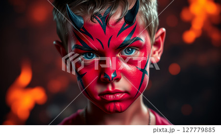 Red-faced child with black horns in demon makeup staring intensely. AI generation 127779885