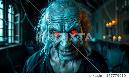 Terrifying old woman with glowing red eyes in a haunted house. AI generation 127779910