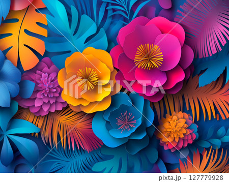 A vibrant, layered paper-cut illustration of tropical flowers and leaves in neon shades of pink, orange, yellow, and various blues. 127779928