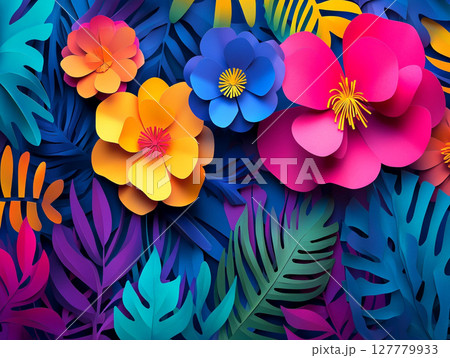 A vibrant, layered paper-cut illustration of tropical flowers and leaves in neon shades of pink, orange, yellow, and various blues. 127779933