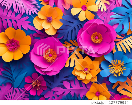 A vibrant, layered paper-cut illustration of tropical flowers and leaves in neon shades of pink, orange, yellow, and various blues. 127779934