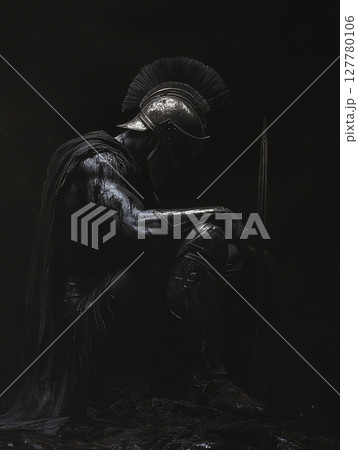 A lone Spartan warrior, clad in dark, weathered armor and a helmet with a distinctive crest, stands in a low-lit, moody setting, evoking a sense of solemnity. 127780106