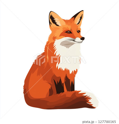 A captivating cartoon illustration of a red fox with a bushy tail and white chest, depicted in a sitting pose, against a clean white background. 127780165
