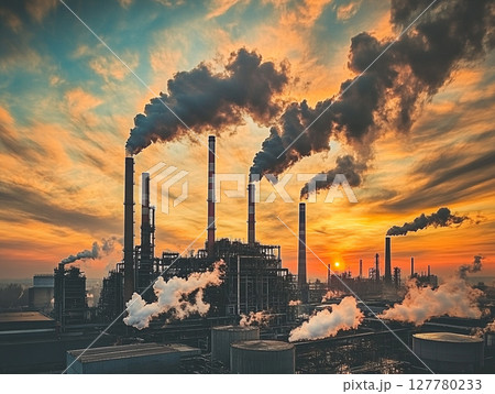 A factory with multiple smokestacks spews thick plumes of smoke against a fiery orange and red sunset sky, highlighting industrial pollution. 127780233