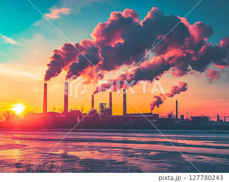 A factory with multiple smokestacks spews thick plumes of smoke against a fiery orange and red sunset sky, highlighting industrial pollution. 127780243