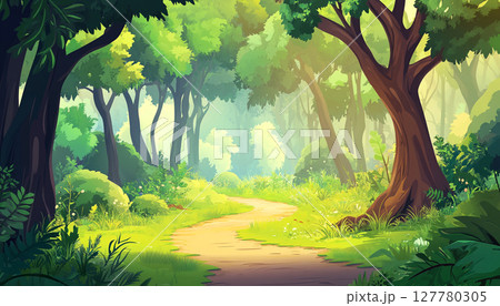 A vibrant cartoon forest scene with tall green trees, lush foliage, a dirt path, and a bright blue sky with fluffy white clouds. A vibrant cartoon forest scene with tall green trees, lush foliage, a dirt path, and a bright blue sky with fluffy white clouds. 127780305
