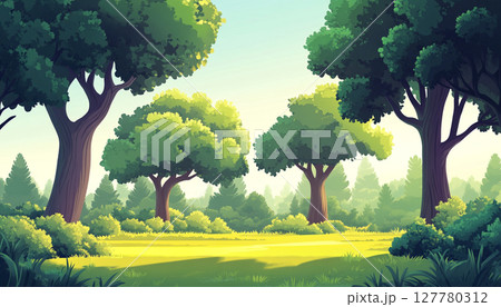 A vibrant cartoon forest scene with tall green trees, lush foliage, a dirt path, and a bright blue sky with fluffy white clouds. 127780312