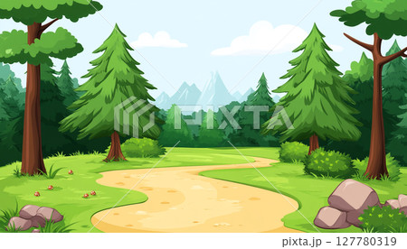A vibrant cartoon forest scene with tall green trees, lush foliage, a dirt path, and a bright blue sky with fluffy white clouds. 127780319